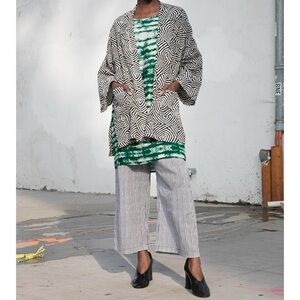 H. Fredriksson Kantha Kimono Black Cream Open Front Oversized w/ Pockets, Size S